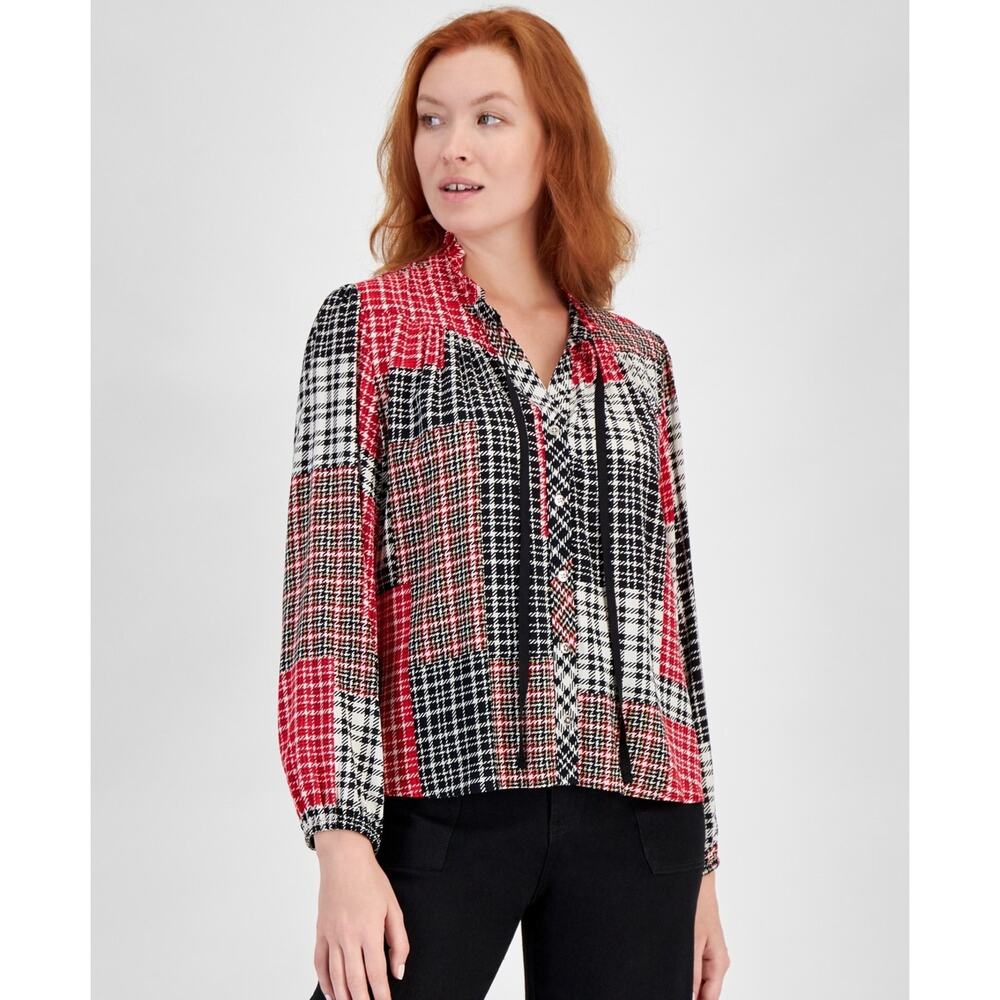 Nautica Jeans Women's Crescent Plaid Tie-Front Blouse Multi Size S 1163